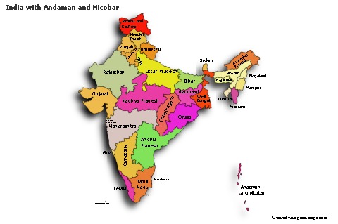 Sample Maps for India with Andaman and Nicobar (colored,shadowy)