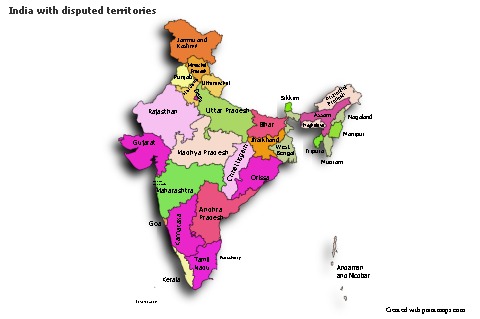 Sample Maps for India with disputed territories (colored,shadowy)