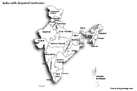 Sample Maps for India with disputed territories (black-white,shadowy)