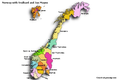 Sample Maps for Norway with Svalbard and Jan Mayen (colored,shadowy)
