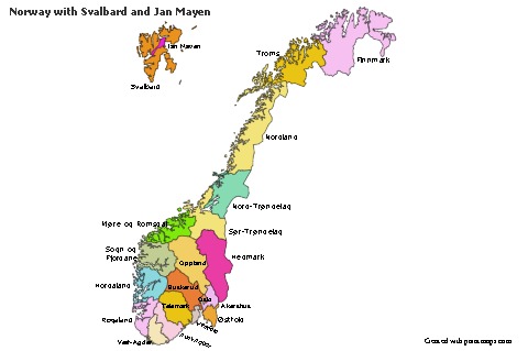 Sample Maps for Norway with Svalbard and Jan Mayen (colored)