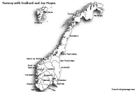 Sample Maps for Norway with Svalbard and Jan Mayen (black-white,shadowy)