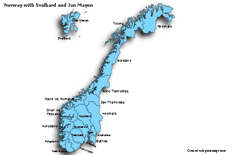 Sample Maps for Norway with Svalbard and Jan Mayen (blue,shadowy)