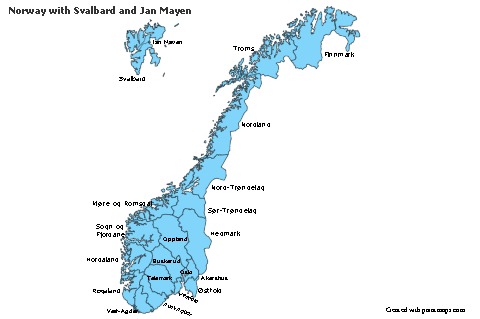 Sample Maps for Norway with Svalbard and Jan Mayen (blue)