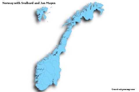 Sample Maps for Norway with Svalbard and Jan Mayen (blue,outline,shadowy)
