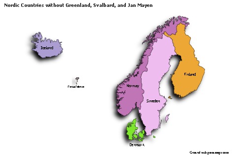 Contoh Peta untuk Nordic Countries tanpa Greenland, Svalbard, dan Jan Mayen (berwarna,bayangan)