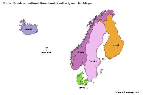 Contoh Peta untuk Nordic Countries tanpa Greenland, Svalbard, dan Jan Mayen (berwarna)