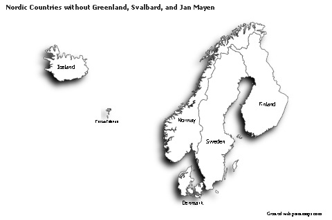 Contoh Peta untuk Nordic Countries tanpa Greenland, Svalbard, dan Jan Mayen (hitam-putih,bayangan)