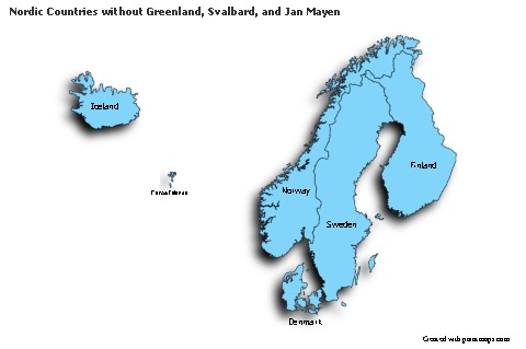 Contoh Peta untuk Nordic Countries tanpa Greenland, Svalbard, dan Jan Mayen (biru,bayangan)