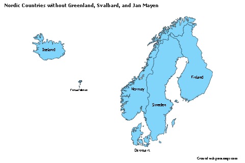 Contoh Peta untuk Nordic Countries tanpa Greenland, Svalbard, dan Jan Mayen (biru)
