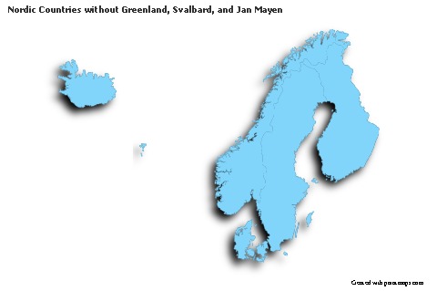 Contoh Peta untuk Nordic Countries tanpa Greenland, Svalbard, dan Jan Mayen (biru,garis luar,bayangan)