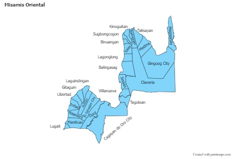 Exemplos de mapas para Misamis Oriental (azul,contorno,sombra)