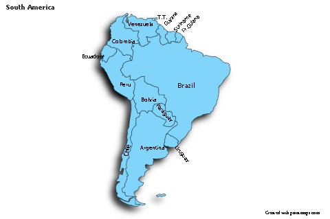 Exemplos de mapas para América do Sul (azul,sombra)