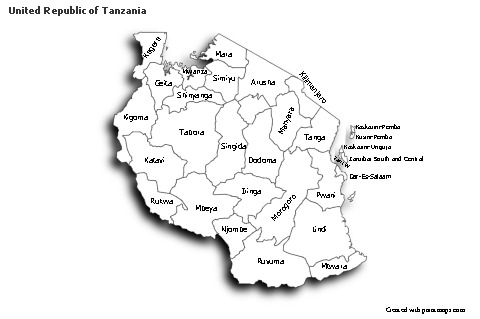 Sample Maps for United Republic of Tanzania (black-white,shadowy)