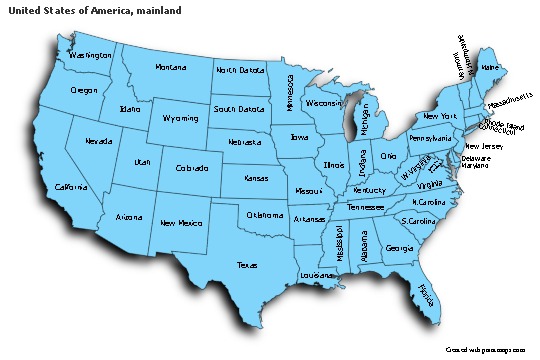 Sample Maps for United States of America, mainland (blue,shadowy)