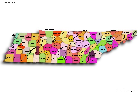 Contoh Peta untuk Tennessee (berwarna,bayangan)
