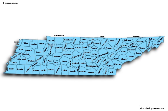 Contoh Peta untuk Tennessee (biru,bayangan)