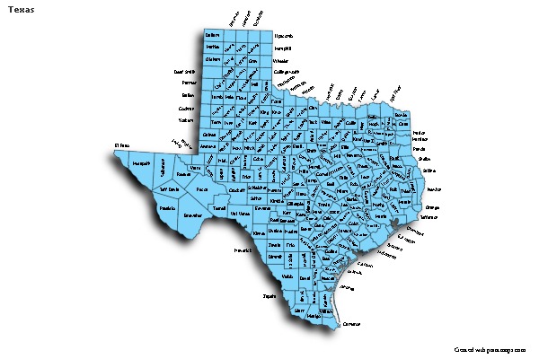 Contoh Peta untuk Texas (biru,garis luar,bayangan)