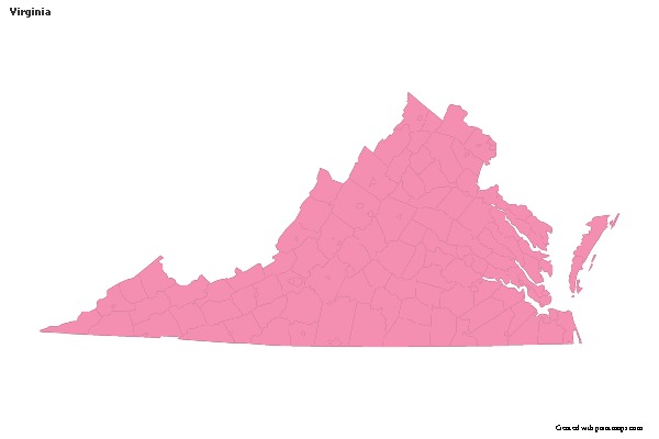 Contoh Peta untuk Virginia (merah jambu,garis besar)