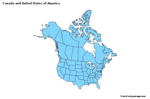 Contoh Peta untuk Kanada dan Amerika Serikat (merah jambu,garis besar)