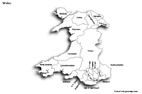 Contoh Peta untuk Wales (hitam-putih,bayangan)