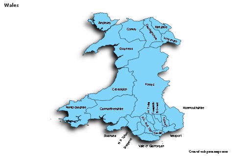 Contoh Peta untuk Wales (biru,bayangan)