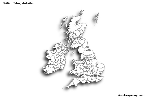 Contoh Peta untuk Kepulauan British, rinci (hitam-putih,bayangan)