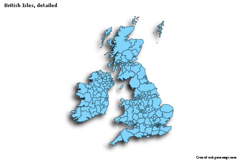 Contoh Peta untuk Kepulauan British, rinci (biru,bayangan)