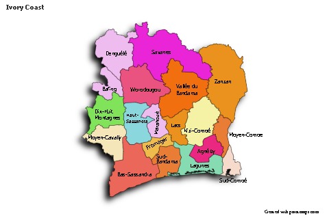 Exemplos de mapas para Costa do Marfim (colorido,sombreado)