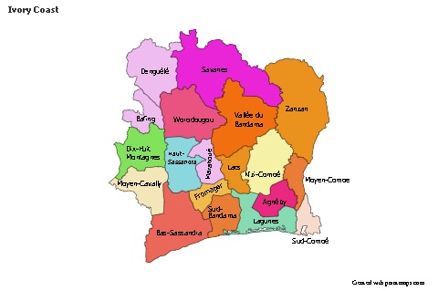 Exemplos de mapas para Costa do Marfim (colorido)
