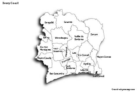 Exemplos de mapas para Costa do Marfim (preto-branco,sombra)