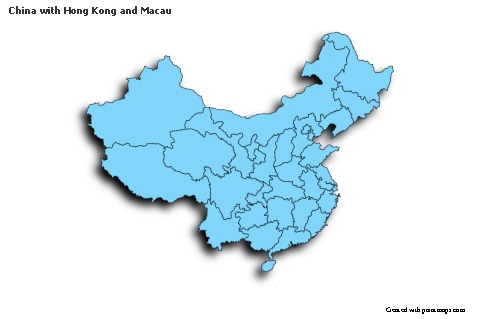 Contoh Peta untuk Tiongkok dengan Hong Kong dan Macau (biru,bayangan)