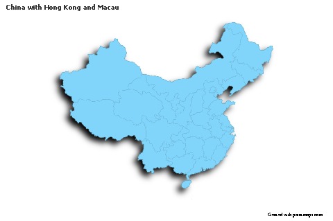 Contoh Peta untuk Tiongkok dengan Hong Kong dan Macau (biru,garis luar,bayangan)