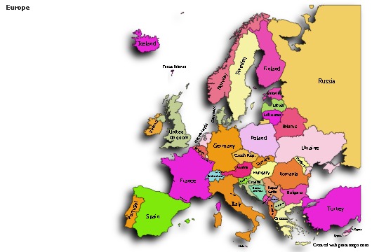 Sample Maps for Europe (colored,shadowy)