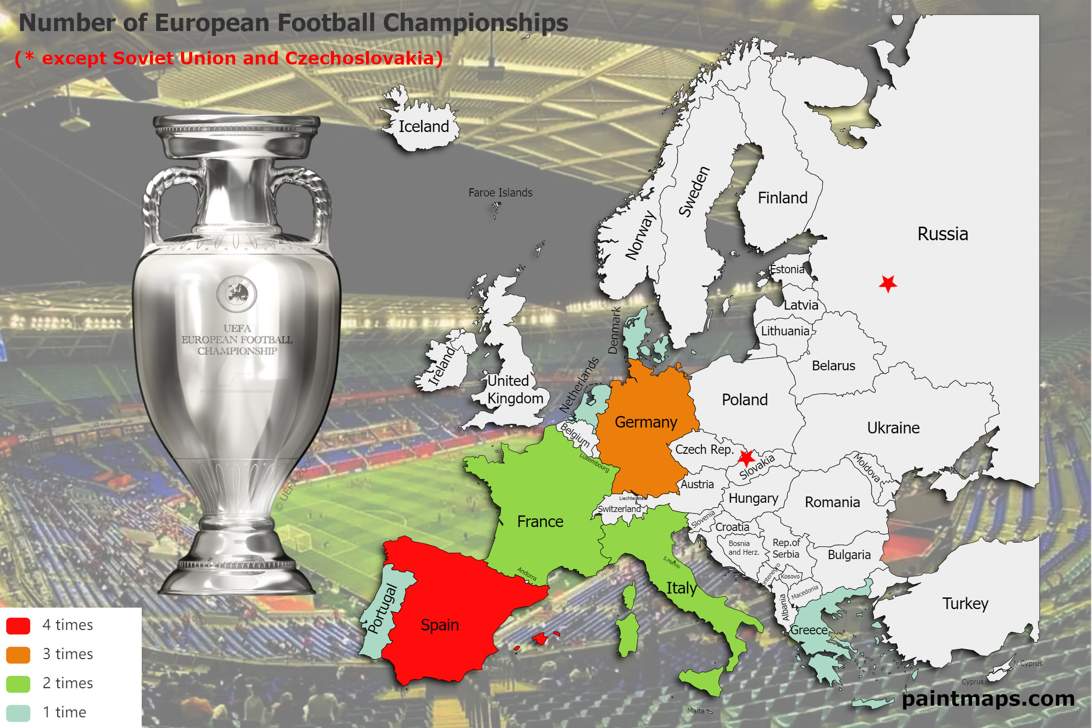 Países que ganaron el Campeonato de Europa de la UEFA (mapa de Europa)