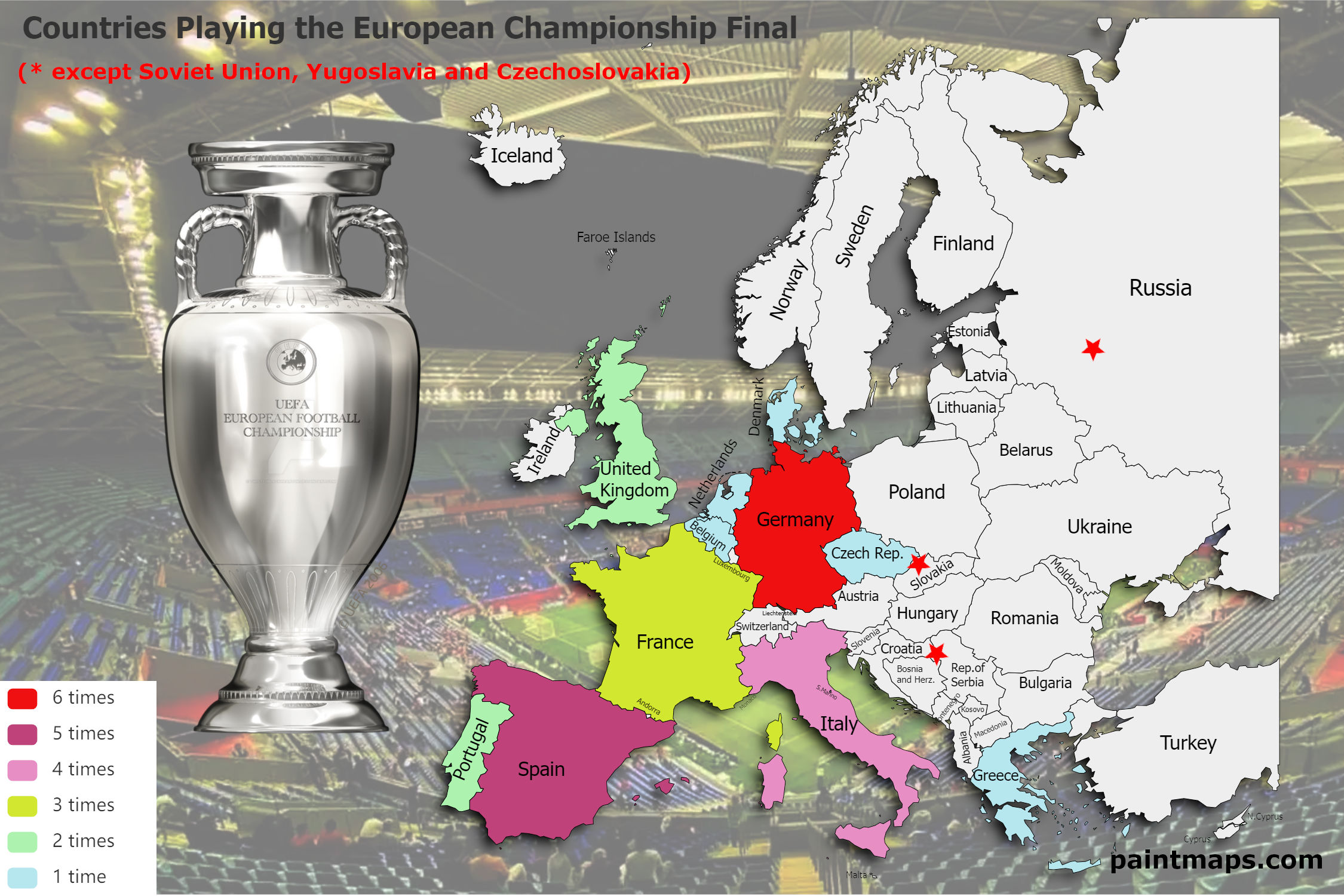 Países que juegan en la final del torneo europeo de fútbol de la UEFA - Mapa de Europa