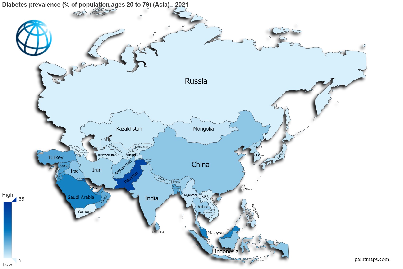 Diabetes Prevalence Percentage Of Population Ages 20 To 79 On Asia Map