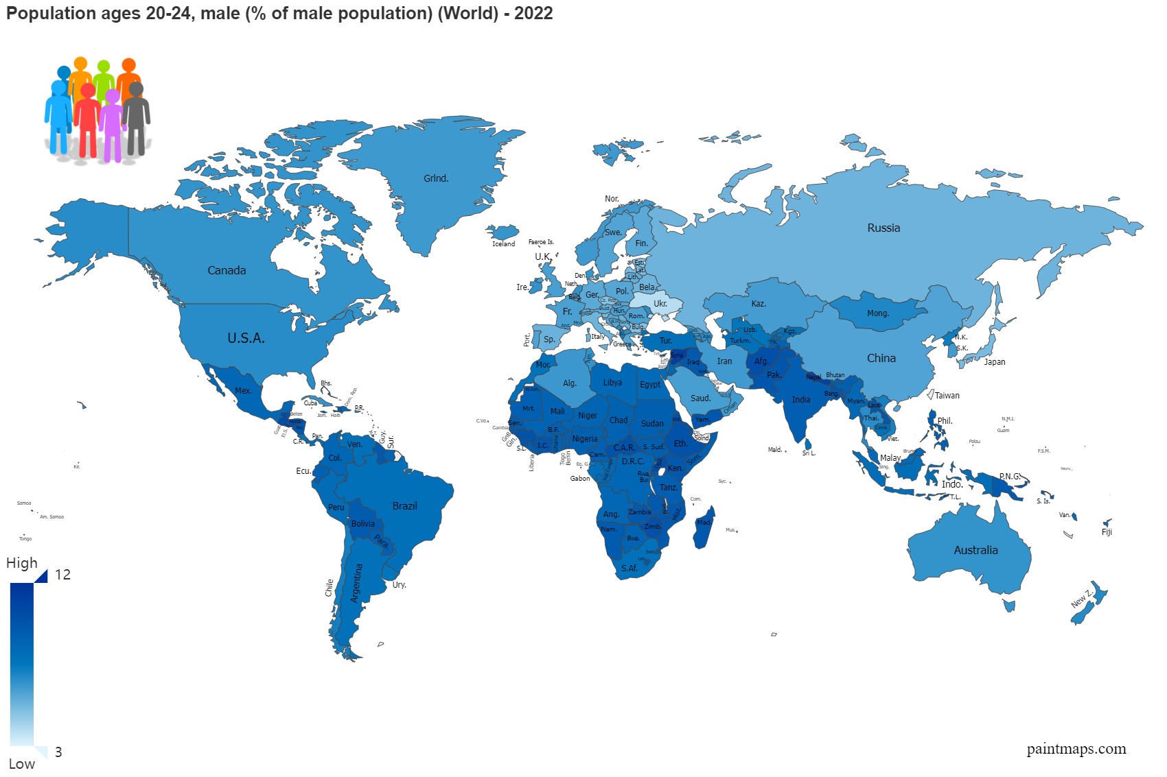 Population Ages 20 24 Male Percentage Of Male Population On World Map
