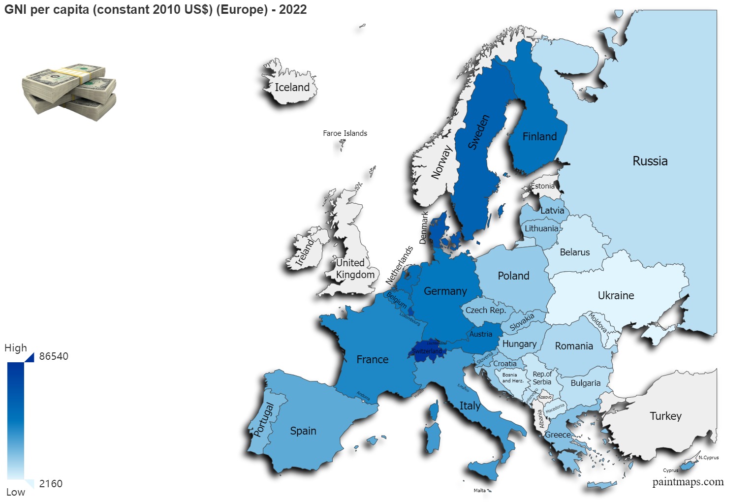 Gni per capita constant 2010 usdollar on europe map