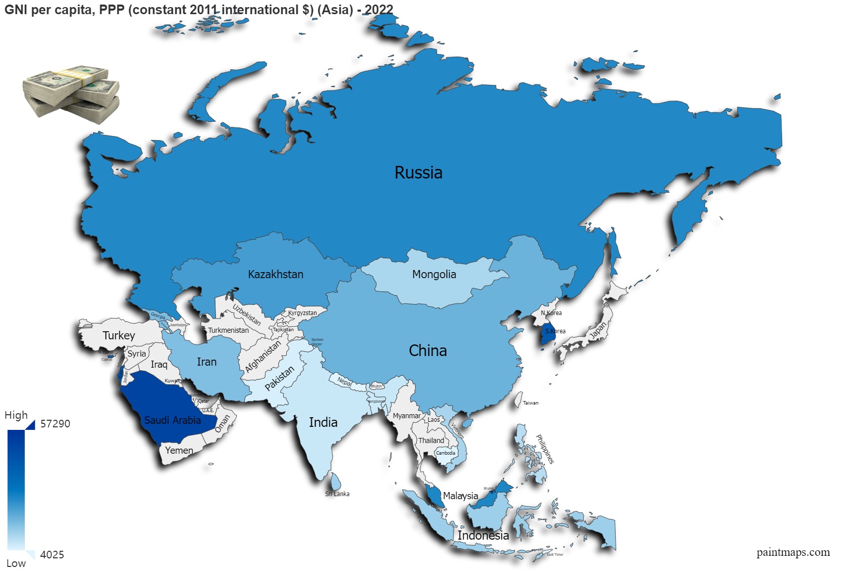 Gni per capita ppp constant 2011 international dollar on asia map
