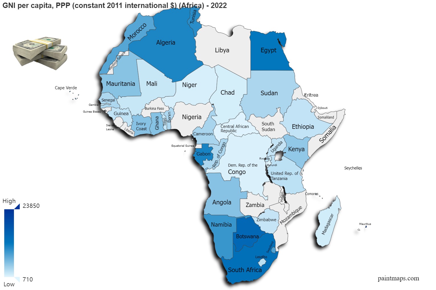 Gni per capita ppp constant 2011 international dollar on africa map