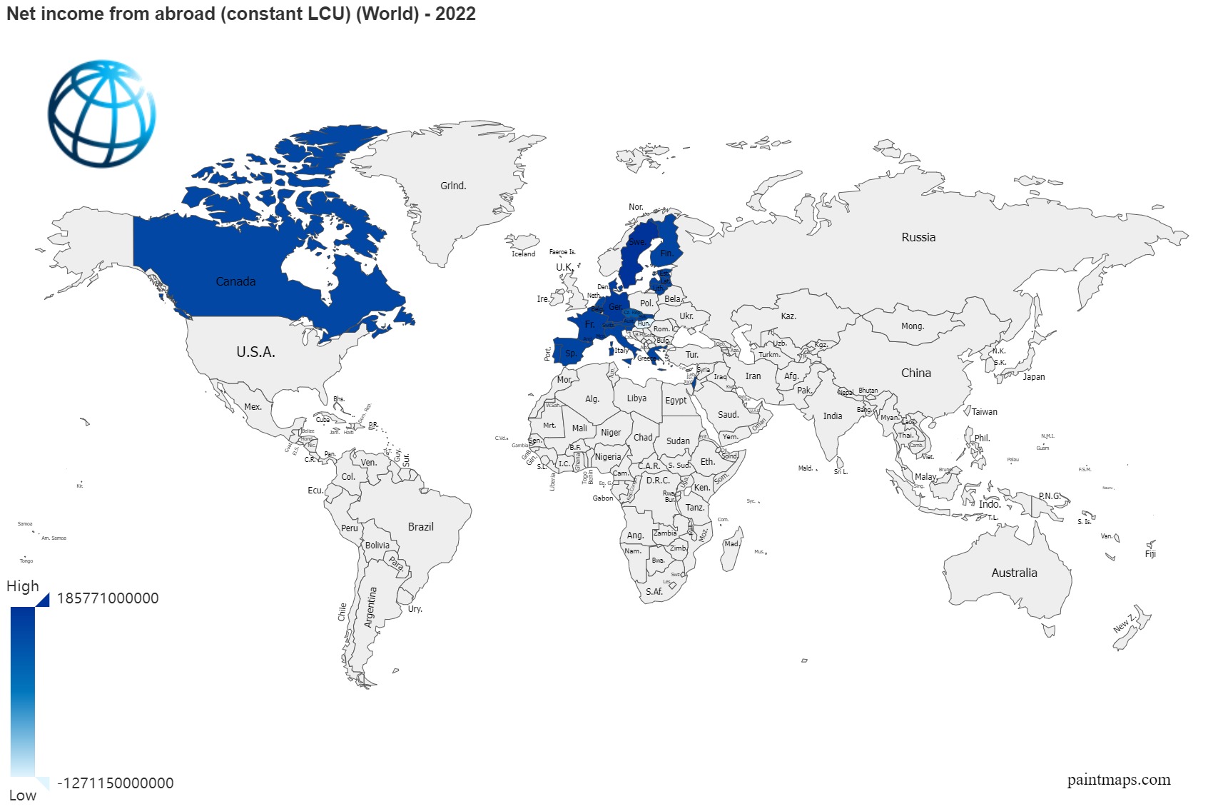 Net Income From Abroad Constant LCU On World Map