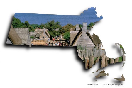 Mayflower II ve Plimoth Patuxet Müzeleri (Massachusetts haritası üzerinde)