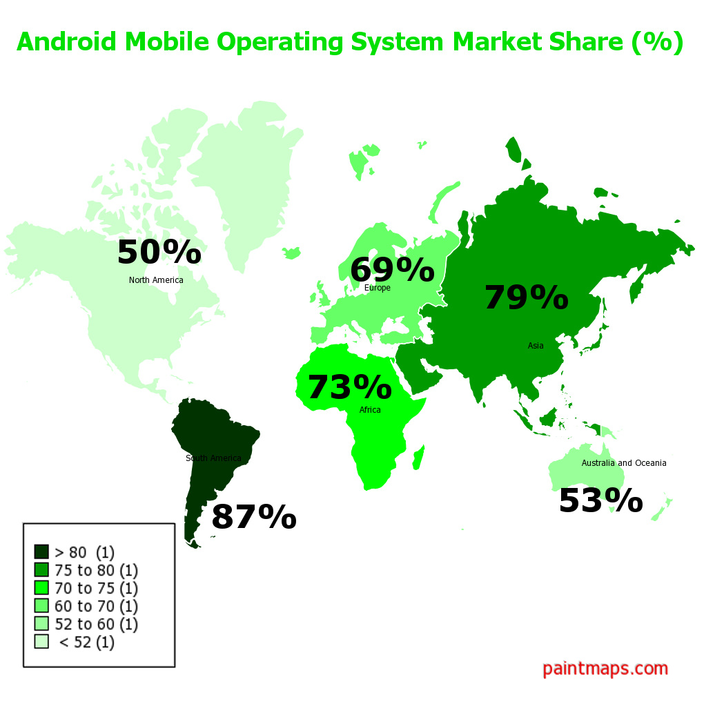 Android Operating System on Mobile Phones - Market Share (%) , generated by paintmaps.com