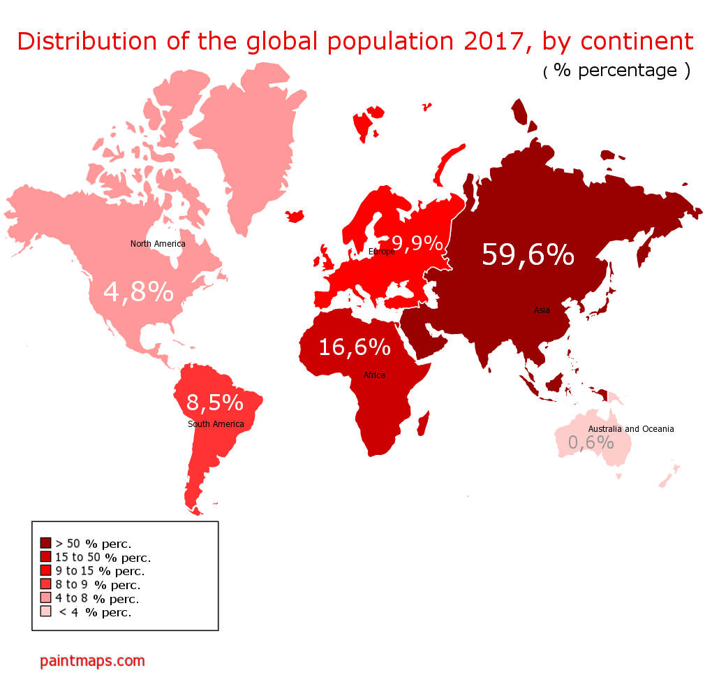 Distribution of the Global Population 2017, by continent (% perc.) , generated by paintmaps.com