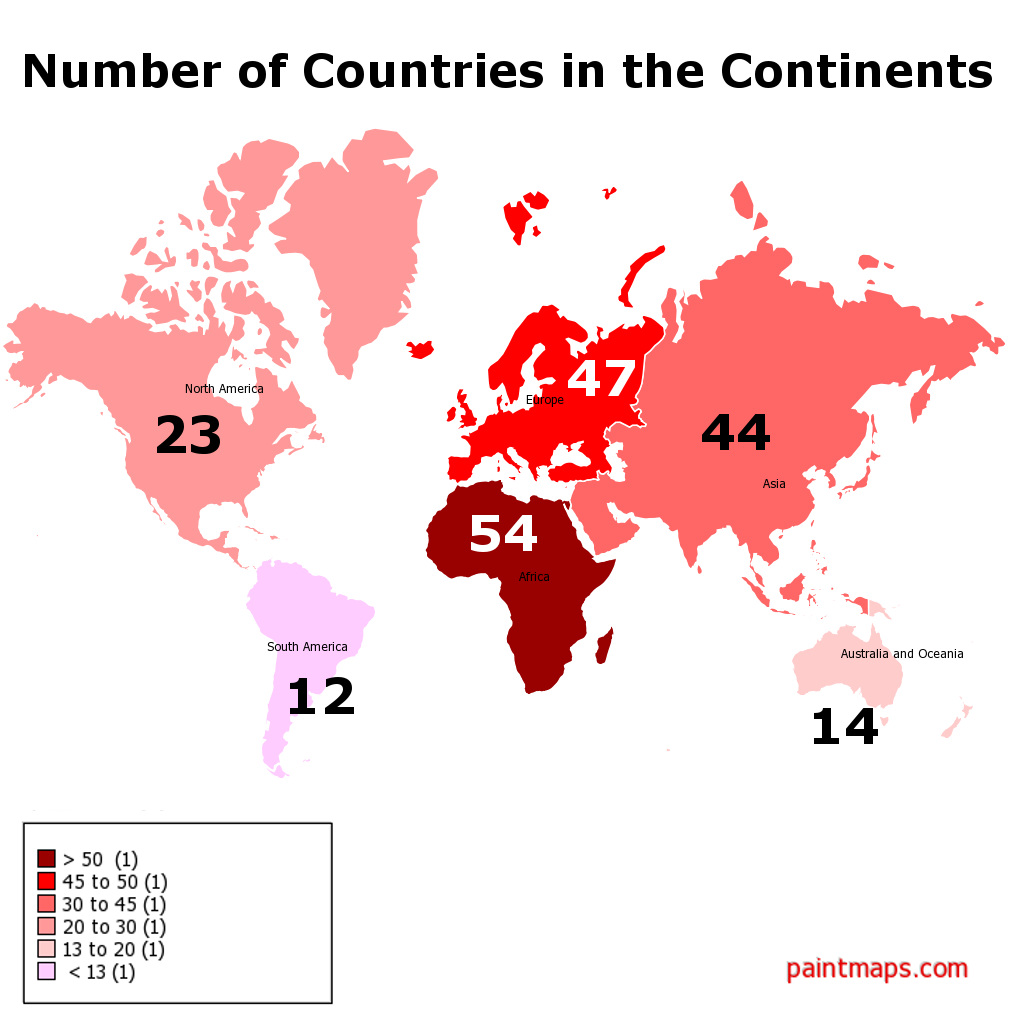 Number of Countries in the Continents , generated by paintmaps.com