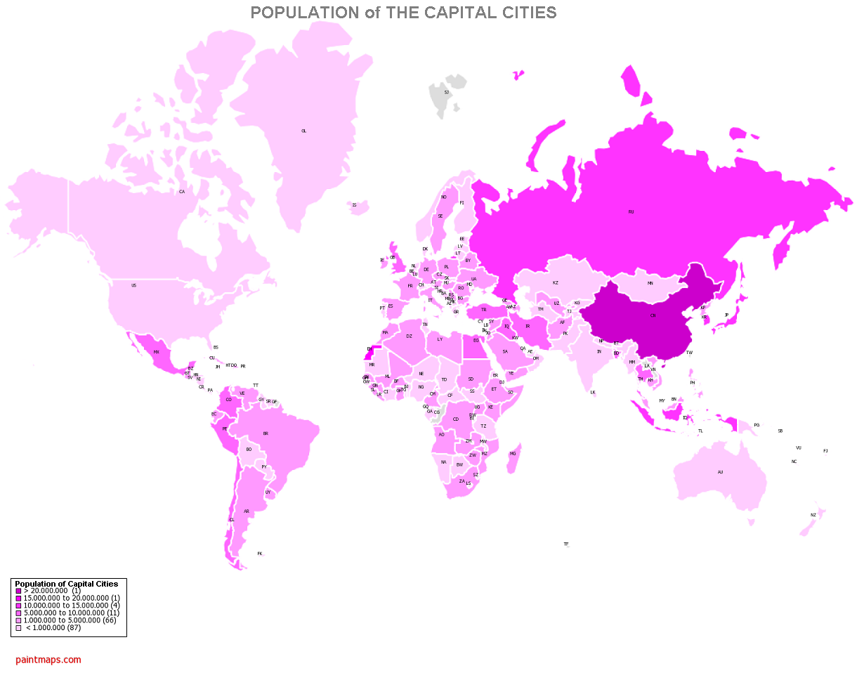 Population of the Capital Cities of Countries , generated by paintmaps.com