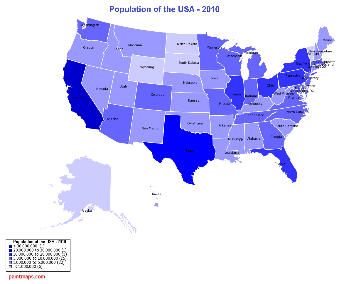 Population of the United States of America - 2010 , generated by paintmaps.com
