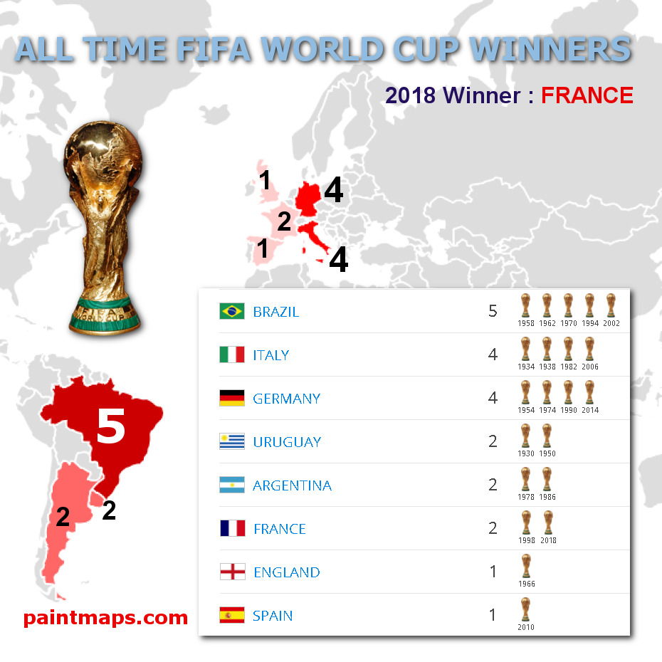 ALL TIME FIFA World Cup Winners , generated by paintmaps.com