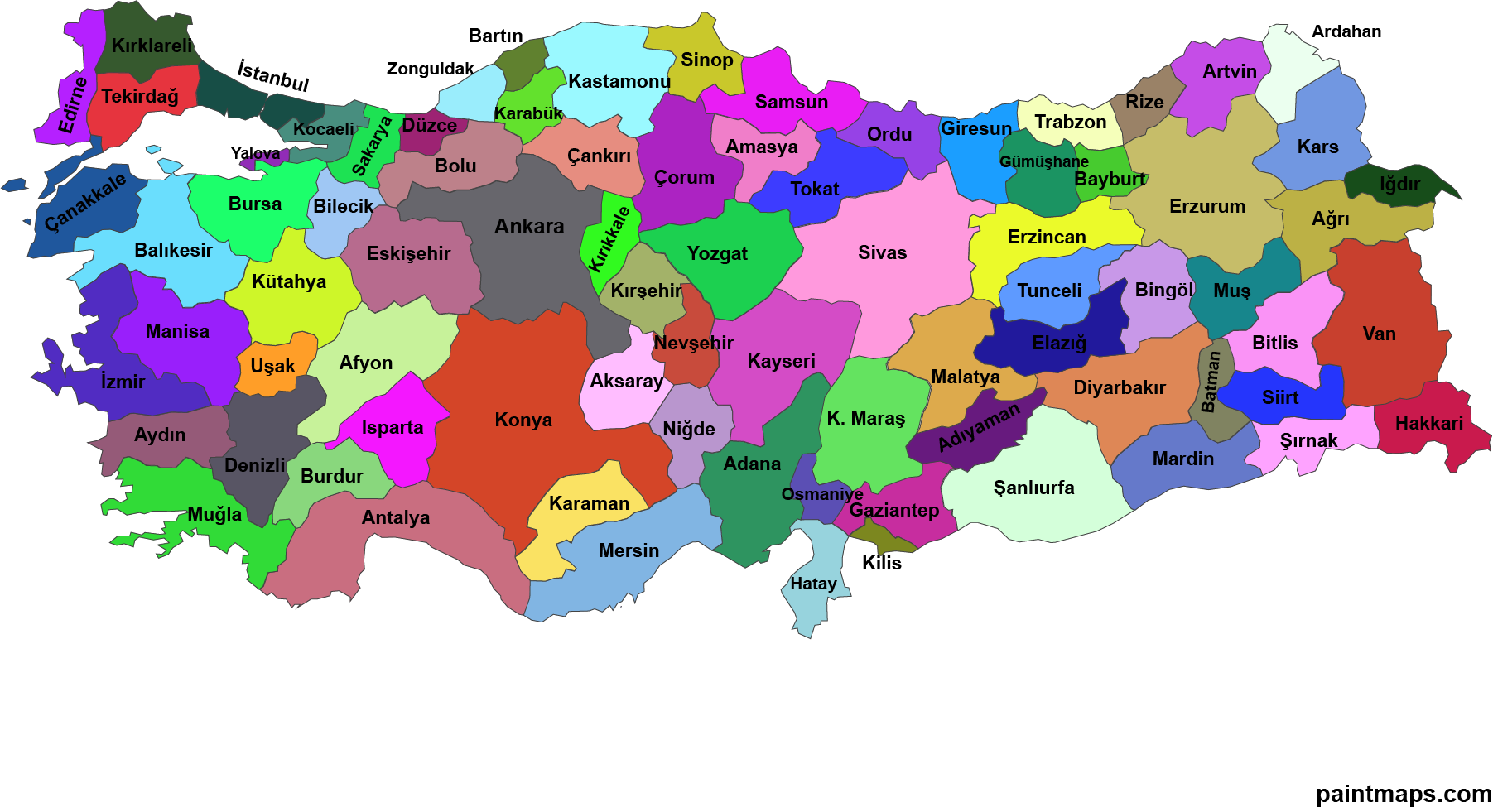 Türkiye vektörel siyasi haritası (renkli) (PNG,SVG,EPS,PDF,Adobe Illustrator)